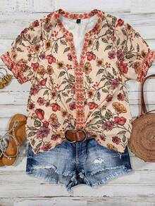 SHEIN Women's Woven Printed Summer Casual Shirt - Khaki - View 1