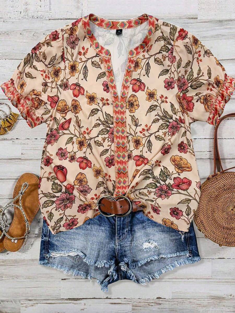 SHEIN Women's Woven Printed Summer Casual Shirt - Khaki - View 1