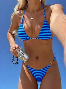 Swim Mod Women's Tropical Print Two Pieces Bikini Set Set With Metal Decor, Vacation Casual Bikini - Multicolor - View 1
