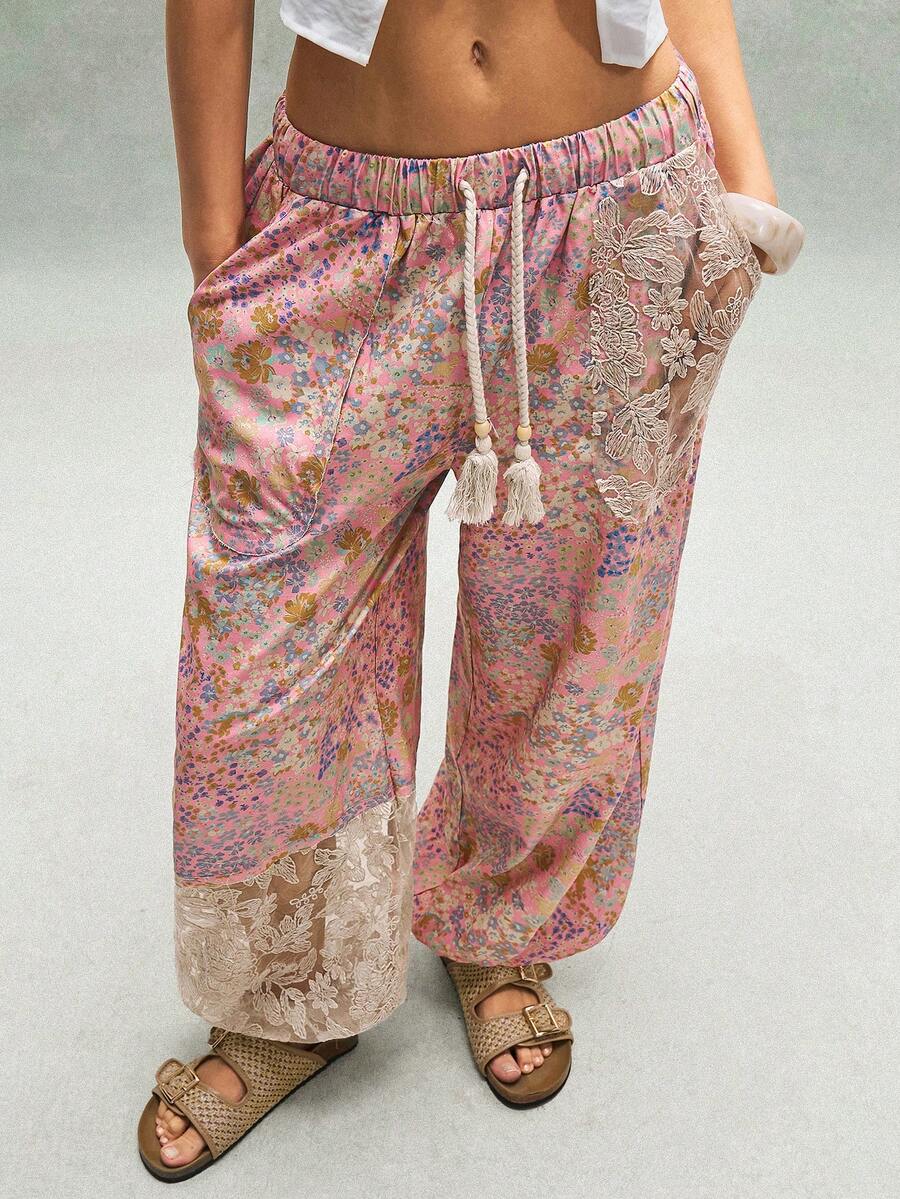 Bohemela Women's Casual Loose Drawstring Waist Pants - Pink - View 1