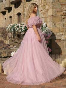 Glamrae 大码优雅浪漫奢华粉色露肩3D立体花卉袖修身蓬松长裙，适合晚宴、单身派对、约会、舞会、度假、婚礼等场合。 - 藕粉色 - 查看 6