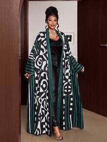 Maweii Plusstorlek Dam Randig Heltryck Casual Vardagskläder Öppen Fram Lång Morgonrock - Blågrön - Visa 4