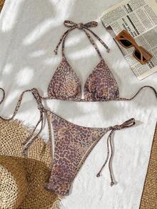 Elavelle 3pcs/Set Women's Random Print Halter Neck Bikini Set, Spring/Summer - Multicolor - View 4