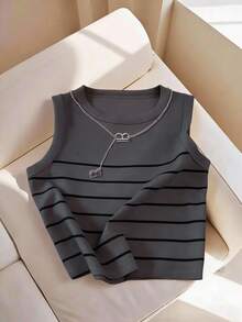 Resyla 女士条纹印花圆领修身休闲百搭背心，春夏款 - 彩色 - 查看 1