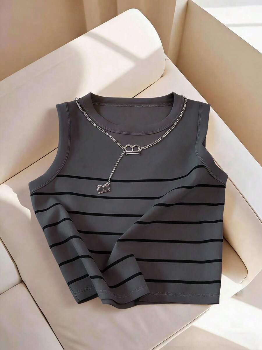 Resyla 女士条纹印花圆领修身休闲百搭背心，春夏款 - 彩色 - 查看 1