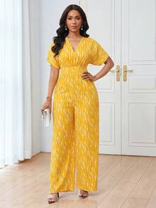 Lunelith SHEIN Lunessa V领短袖条纹印花弹力腰收腰优雅休闲连体裤 - 黃色 - 查看 3