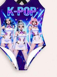 Tween Girl Letter & Portrait Print One-Piece Swimsuit - Multicolor - View 5