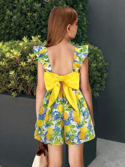 SHEIN Tween Girls' Casual Everyday Comfortable Fitted Floral Print Contrast Color Bow Jumpsuit