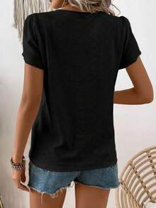 SHEIN LUNE Áo thun nữ tay ngắn cổ tròn màu trơn dáng casual - màu đen - Xem 2