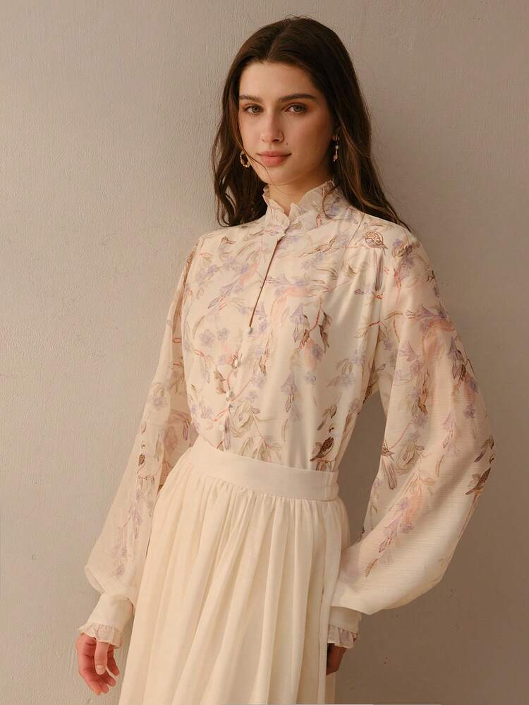 WOMEN'S SPRING/SUMMER FRILL COLLAR LONG SLEEVE FLORAL  LYOCELL ELEGANT ROMANTIC BLOUSE