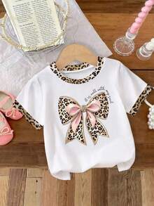 Ropa de primavera y verano para niñas bebés, camiseta de manga corta casual y cómoda con estampado de lazo y estampado de leopardo, adecuada para atuendos casuales de primavera/verano - Multicolor - Ver 3