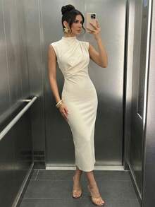 Firerie 女士新款杏色优雅休闲日常通勤度假时尚立领垂袖收腰纯色针织连衣裙，优雅，通勤，约会，婚礼季 - 杏色 - 查看 4