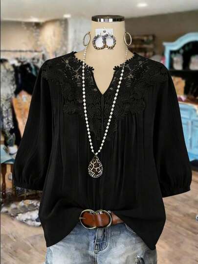 EMERY ROSE Plus Size Women Lace Collar Design Shirt, Fashionable Casual Elegant Loose Vacation Blouse