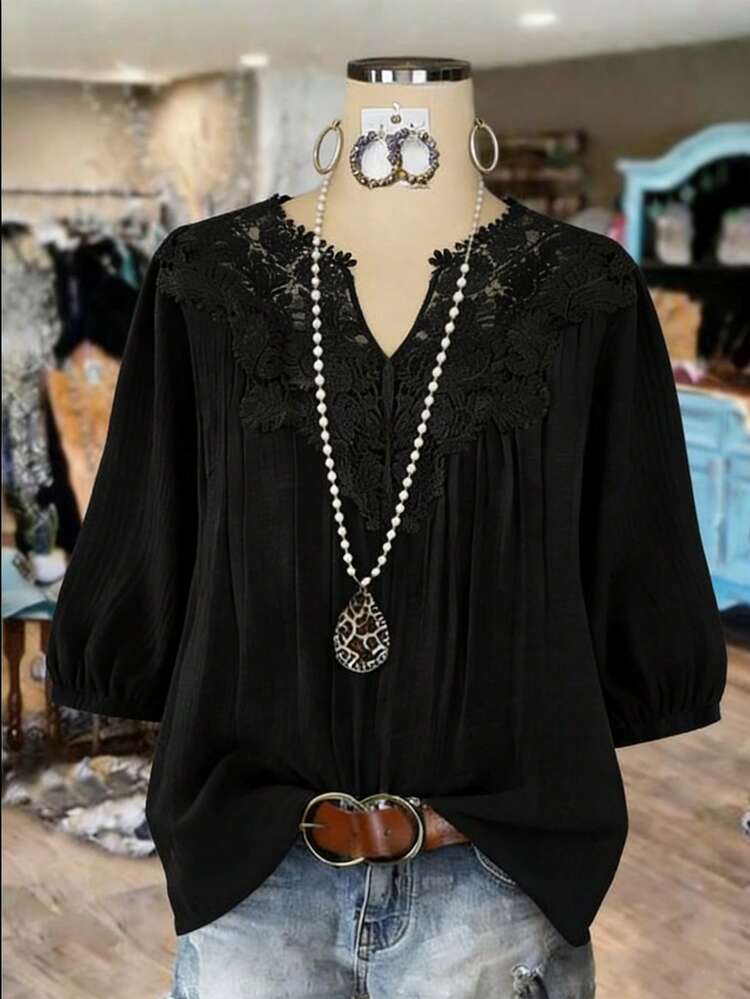 SHEIN LUNE CURVE Plus Size Women Lace Collar Design Shirt, Fashionable Casual Elegant Loose Vacation Blouse - Black - View 1