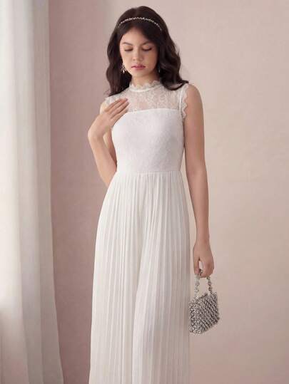 SHEIN Pitira 少女优雅高腰纯色无袖圆领蕾丝荷叶边长款连体裤，适合婚礼花童，白色