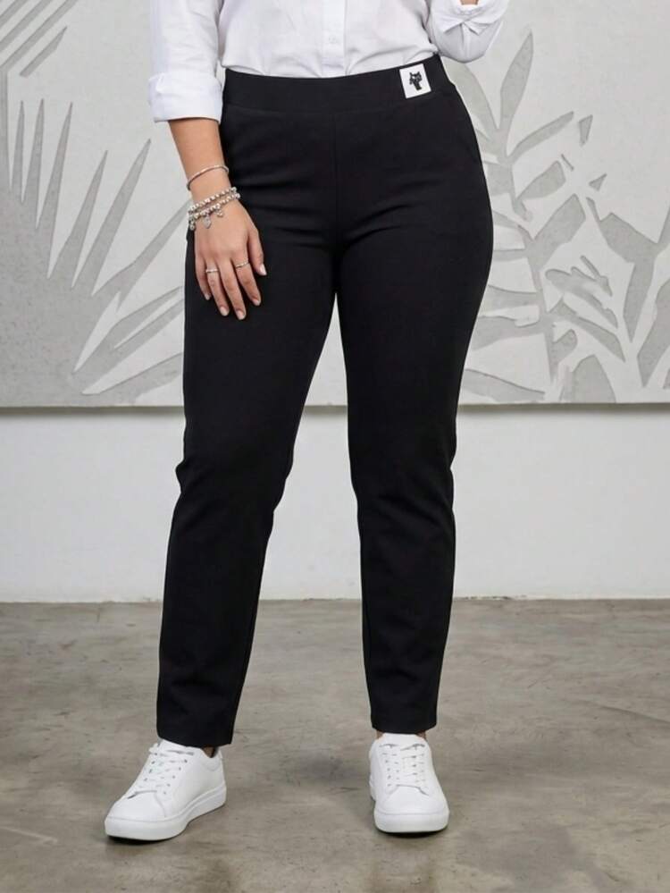 Pantalón semientubado para mujer, clásico, casual y elegante, tela de algodón y poliéster, apto para cualquier temporada. Colores lisos sin estampados. Ajuste de cintura natural con resorte ligero, bolsillos funcionales. Fresco, ligero y cómodo. - Negro - Añade 1