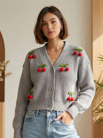 Suéter tejido con cerezas decorativas para mujer