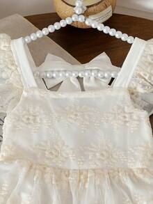 SHEIN Vintaside Kids Girls' Sweet French Style Hollow Back + Cap Sleeve Floral Embroidered Mesh Dress, Summer Cream Girls Dress Little Girl Lace Dress Lace Dress For Kids Girls Ivory Dress Heirloom Dress Girls - White - View 7