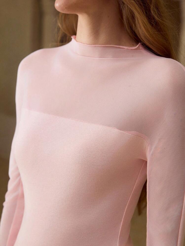 SUMMER FASHIONABLE ELEGANT PATCHWORK SLIM FIT SHEER MESH CHIC VERSATILE WOMEN T-SHIRT