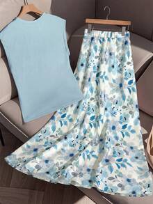 GlowEve CURVE 大码时尚休闲扭结T恤 + 大码时尚休闲印花半身裙 - 藍色 - 查看 2