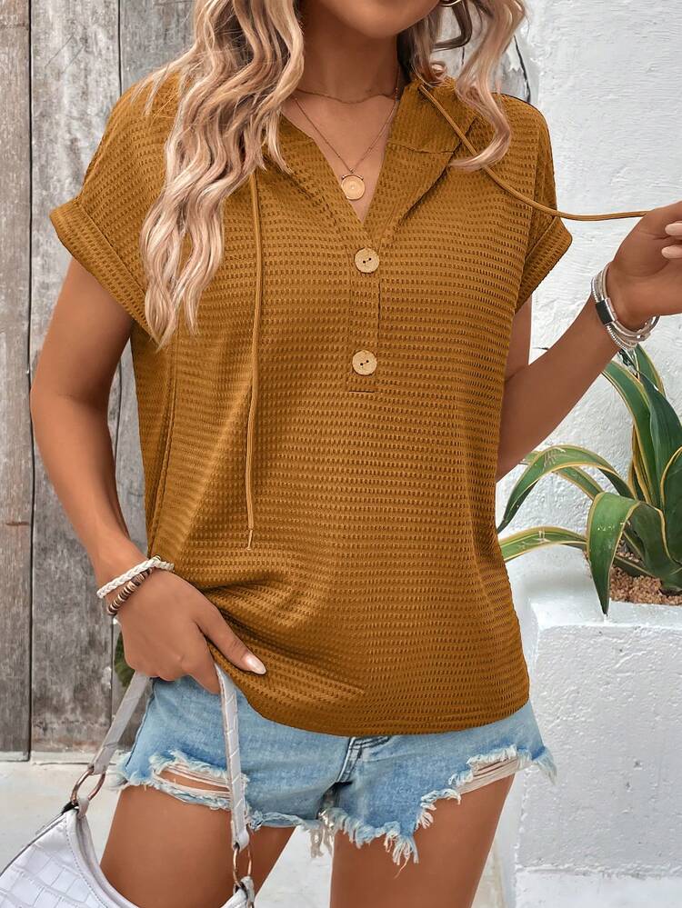 EMERY ROSE Women's Solid Color Drawstring Hooded Casual Versatile Daily Wear T-Shirt Casual Tops For Women Short Sleeve Tops Women Business Casual Women Tops French Chic Latest Tops For Women New Arrivals - Brown - View 3