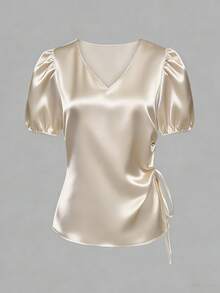 SHEIN LUNE Beige,Summer,Elegant,Tea Party French Fashion Satin V-Neck Drawstring Pleated Fitted Puff Sleeve Casual Blouse For Women,Exquisite Design Top - Apricot - View 6