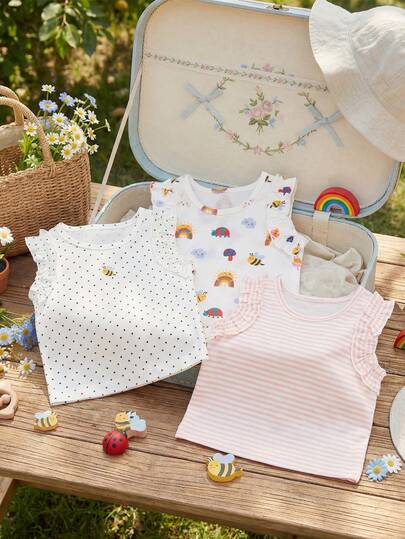 Souflis Souflis 3pcs/Set Baby Girls' Summer Casual Chic Cute Comfortable Elastic Tops: White Polka Dot, White Cute Animal Print, Pink Striped Ruffle Sleeve Vest, Suitable For Outings, Vacation, Daily Wear