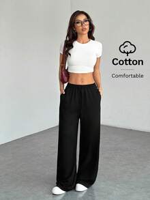 SHEIN PETITE Quần nỉ nữ ống rộng, màu trơn, thoải mái và giản dị. - màu đen - Xem 4