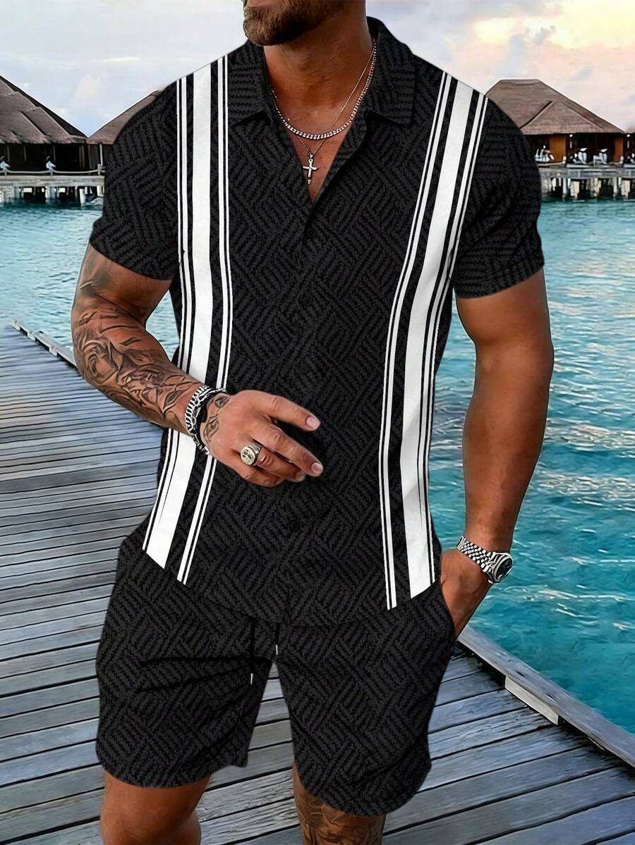 Manfinity RSRT Men's Summer Casual Contrast Color Geometric Print Button-Front Shirt And Shorts Set Holiday Outfits  Men Clothes   Easter Gifts  Spring Outfits  Matching Sets - Multicolor - View 1