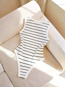 GlowEve Women's Spring/Summer Bodysuit, Women's Round Neck Camisole Bodysuit, Knit Fitted Women's Bodysuit, Striped Bodysuit, Casual Daily Wear, Women's Summer Bodysuit, Vacation Beach Bodysuit, Can Be Worn Alone Or Paired With Bottoms - White - View 2