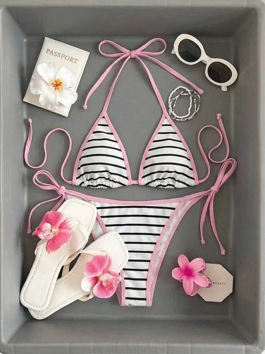 GlowEve 女士比基尼两件套，撞色条纹抹胸上衣和泳裤，适合海滩度假。粉色撞色黑白条纹两件式泳衣。粉色蝴蝶结设计女士泳装套装 - 彩色 - 查看 1