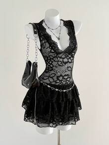 Elamini 女士花卉蕾丝深V领荷叶边性感无袖迷你连衣裙 - 黑色 - 查看 4