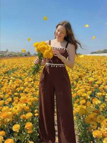 SHEIN MOD Plus Size Brown Elegant Beach Resort Long Jumpsuit, Spring/Summer Shell Element Woven Belt Jumpsuit Boho Jumpsuit For Women Bohemian Jumpsuit Festival Outfits For Women Hippie Jumpsuit Bohemian Outfit For Women - Brown - View 6