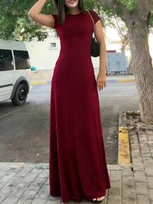 INAWLY Solva Gaun Pesta Panjang Wanita Warna Polos, Leher Bulat, Elegan, dan Pinggang Terikat - Burgundy - View 3
