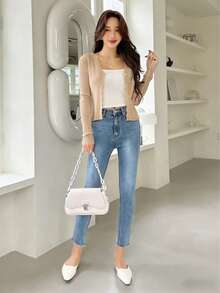 KEEJOIN Cárdigan de punto acanalado con ribete de vieira, blusas de manga larga, ropa de otoño - Caqui - Ver 4