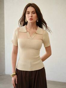 MOTF PREMIUM 女士镂空针织短袖T恤，夏季新款修身针织上衣 - 杏色 - 查看 4