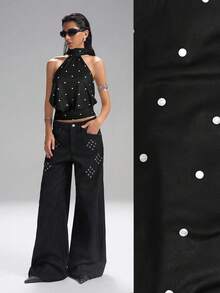 LYSMO Áo hai dây lửng nữ màu đen chấm bi, kiểu dáng thường ngày, thiết kế hở lưng. - màu đen - Xem 3