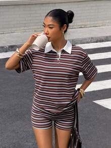 Muchica Women's Multicolor Striped Knitted Polo Top With Short Sleeves And Matching Shorts Casual Two-Piece Outfit - Multicolor - View 6