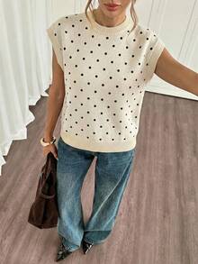 Siren Gaze 女士休闲简约地中海黑白波点拼接毛衣 - 春夏复古软妹风，适合工作、度假、返校、音乐节、下午茶等场合。 - 彩色 - 查看 3