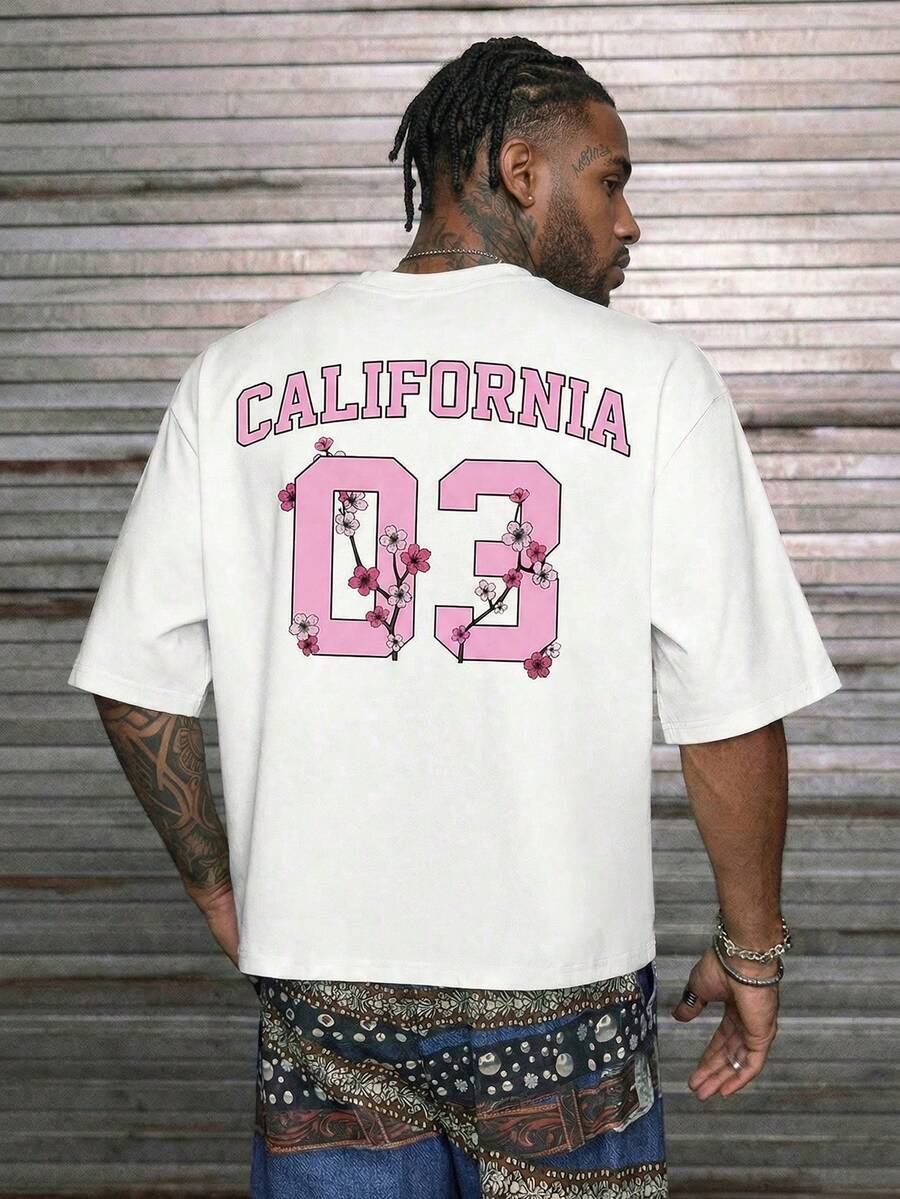 AXEPEAK Men's Letter & Cartoon Print Round Neck Casual Short Sleeve T-Shirt - White - View 1