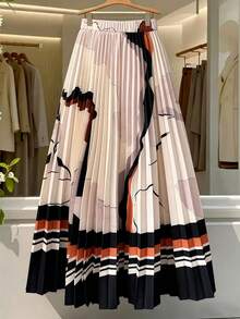 Elenzga Women's Summer Marble Print Digital Positioning Printed Skirt, Elastic Waistband Easy To Wear, Pleated A-Line Skirt - Multicolor - View 1