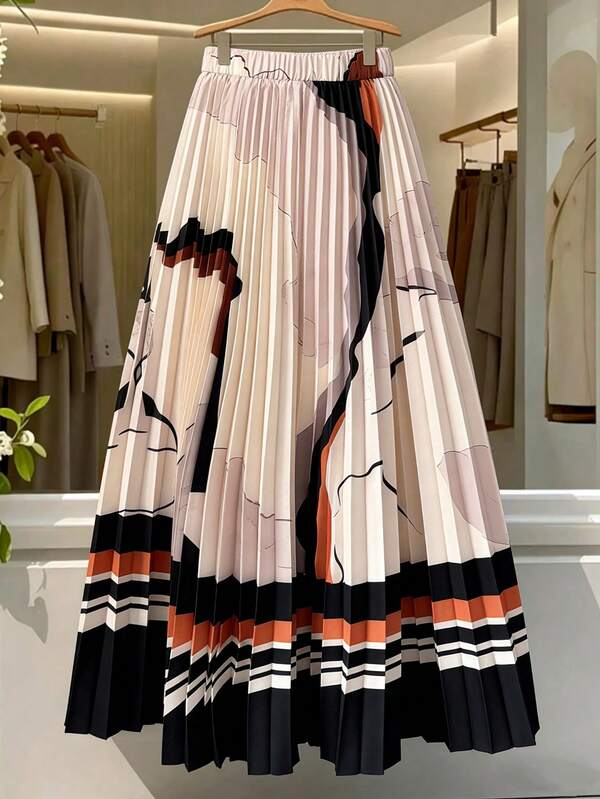 Elenzga Women's Summer Marble Print Digital Positioning Printed Skirt, Elastic Waistband Easy To Wear, Pleated A-Line Skirt