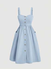 SHEIN MOD Plus Size Summer Casual Solid Color Dress With Big Pockets And Front Buttons,Graduation Dress - Blue - View 6