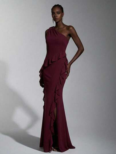 Elitara Elegant, Romantic, Fashionable, Sexy Chestnut Chiffon Fabric Asymmetrical Shoulder Metal Buckle Decor Ruffle Hem Front Slit A-Line Party Dress, Beach Dress, Vacation, Music Festival, Cocktail Dress