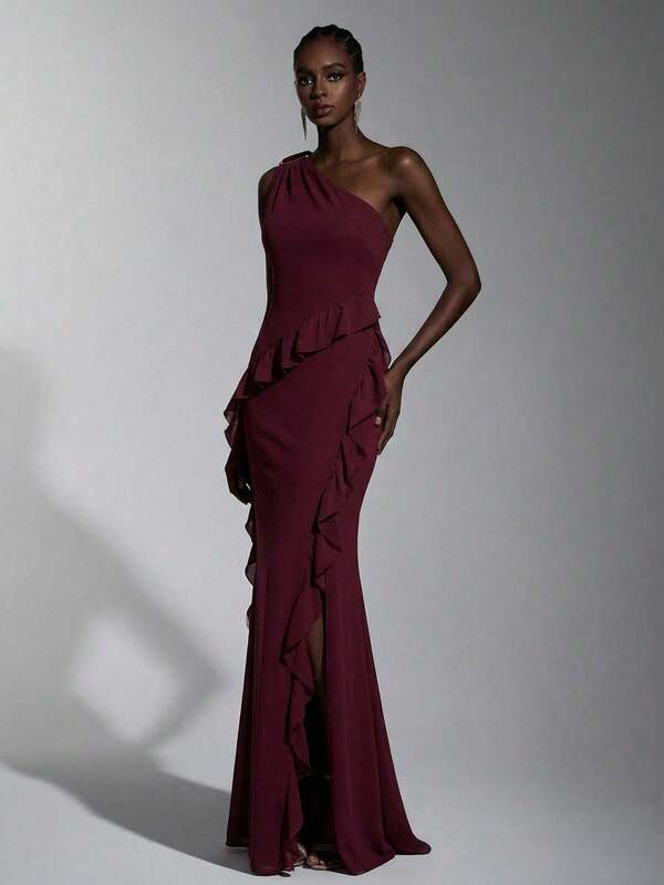 Elitara Elegant, Romantic, Fashionable, Sexy Chestnut Chiffon Fabric Asymmetrical Shoulder Metal Buckle Decor Ruffle Hem Front Slit A-Line Party Dress, Beach Dress, Vacation, Music Festival, Cocktail Dress