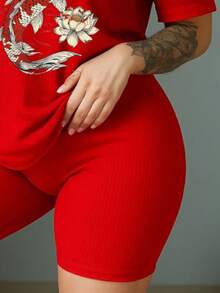 Conjunto deportivo rib acanalado de blusa manga corta y biker ajustado para mujer con estampado de pez - Rojo - Ver 4