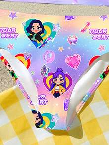 少女休闲简约卡通女孩泳装套装，亮紫色，卡通女孩团体泳衣印花图案背心式泳衣，适合夏季穿着 - 彩色 - 查看 5