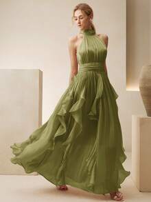 Anewsta 女士新款优雅无袖吊带长裙，腰部褶皱显瘦闪亮波浪裙摆连衣裙，粉色，适合宴会、派对、聚会等场合 - 綠色 - 查看 2