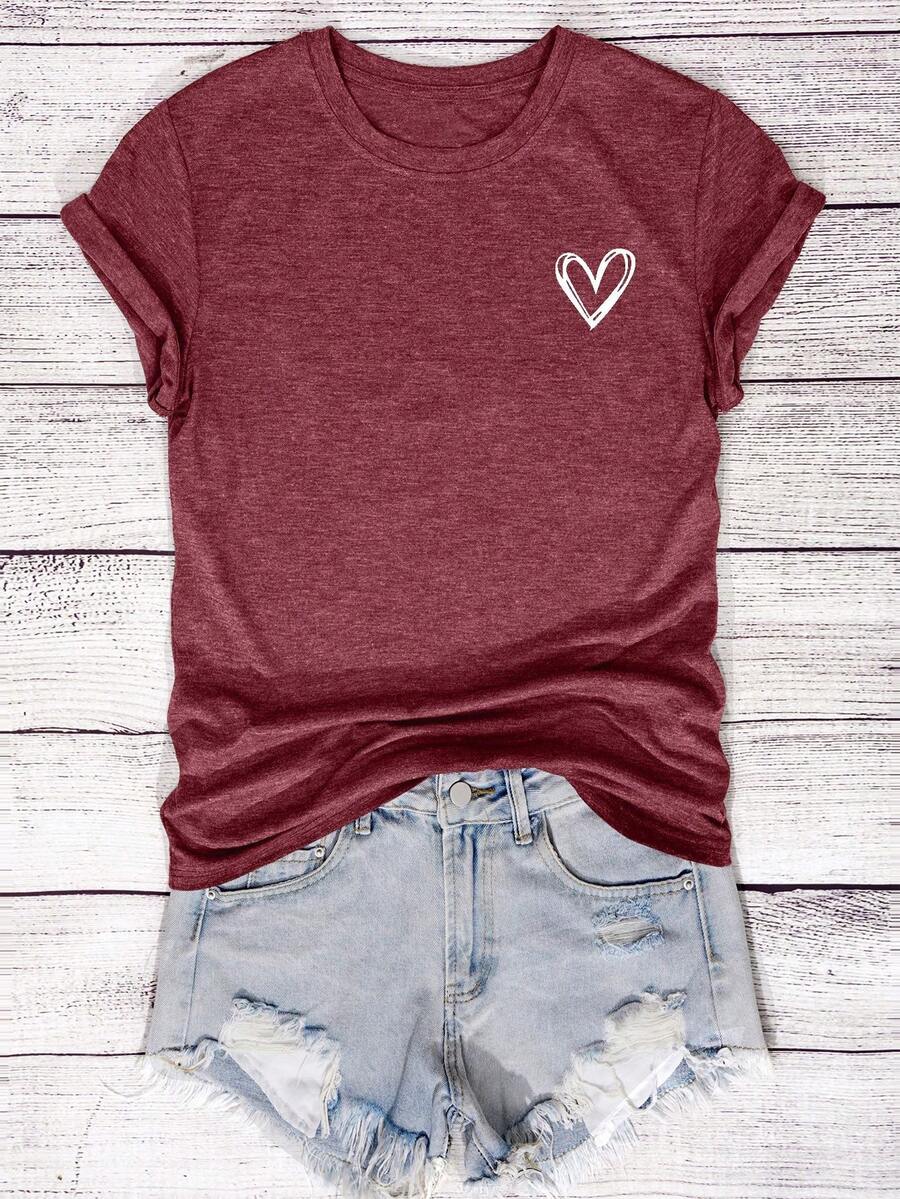 EMERY ROSE Women's Round Neck Heart Print Short Sleeve Casual Fashion Regular T-Shirt - Burgundy - View 1