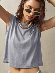 Bohemela Áo tank top không tay cổ tròn dành cho nữ đi nghỉ mát - Màu xanh lam - Xem 3